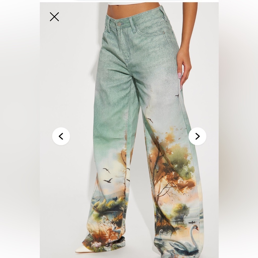 Scenic Swan Pond Print Wide-Leg Pants